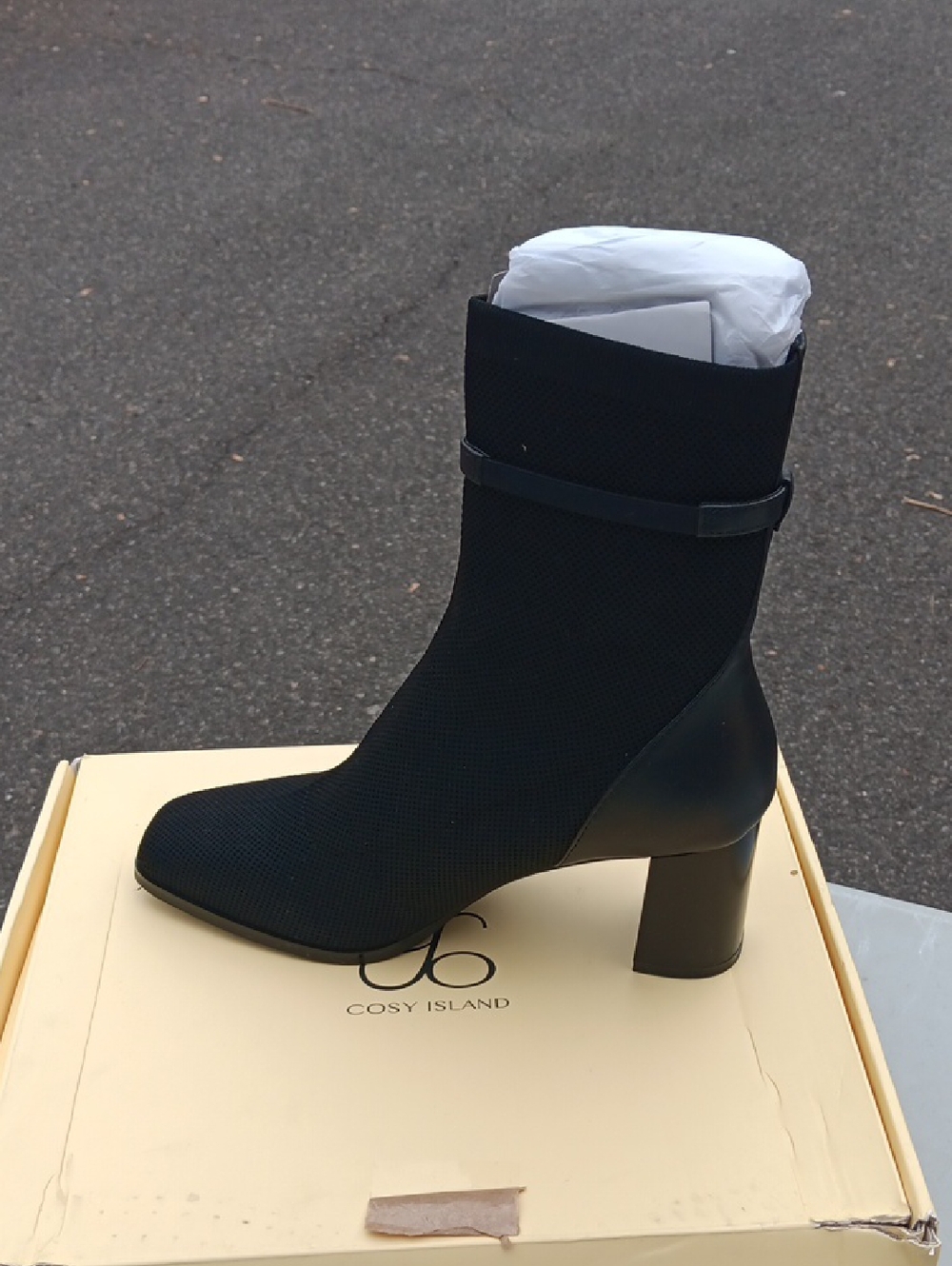 Black Knit Ankle Boot with Block Heel